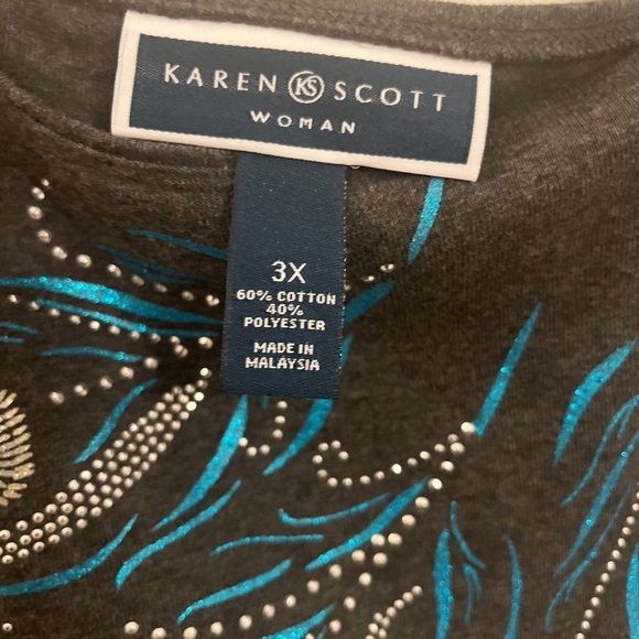 Karen Scott Plus Size 3X Gray Top Peacock Feather Graphic Embellished Bling top - Picture 10 of 15